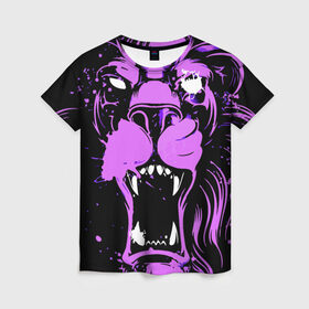 Женская футболка 3D с принтом Pink lion в Курске, 100% полиэфир ( синтетическое хлопкоподобное полотно) | прямой крой, круглый вырез горловины, длина до линии бедер | ears | eyes | fangs | jaw | lion | mane | muzzle | neon | pink | глаза | грива | клыки | лев | неон | пасть | розовый | уши