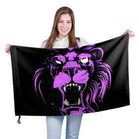 Флаг 3D с принтом Pink lion в Курске, 100% полиэстер | плотность ткани — 95 г/м2, размер — 67 х 109 см. Принт наносится с одной стороны | ears | eyes | fangs | jaw | lion | mane | muzzle | neon | pink | глаза | грива | клыки | лев | неон | пасть | розовый | уши