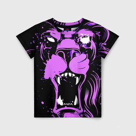 Детская футболка 3D с принтом Pink lion в Курске, 100% гипоаллергенный полиэфир | прямой крой, круглый вырез горловины, длина до линии бедер, чуть спущенное плечо, ткань немного тянется | ears | eyes | fangs | jaw | lion | mane | muzzle | neon | pink | глаза | грива | клыки | лев | неон | пасть | розовый | уши