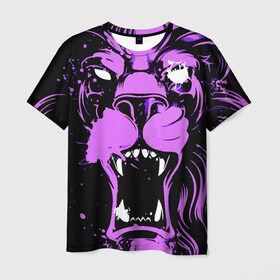 Мужская футболка 3D с принтом Pink lion в Курске, 100% полиэфир | прямой крой, круглый вырез горловины, длина до линии бедер | ears | eyes | fangs | jaw | lion | mane | muzzle | neon | pink | глаза | грива | клыки | лев | неон | пасть | розовый | уши