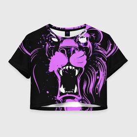 Женская футболка Crop-top 3D с принтом Pink lion в Курске, 100% полиэстер | круглая горловина, длина футболки до линии талии, рукава с отворотами | ears | eyes | fangs | jaw | lion | mane | muzzle | neon | pink | глаза | грива | клыки | лев | неон | пасть | розовый | уши