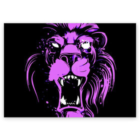 Поздравительная открытка с принтом Pink lion в Курске, 100% бумага | плотность бумаги 280 г/м2, матовая, на обратной стороне линовка и место для марки
 | Тематика изображения на принте: ears | eyes | fangs | jaw | lion | mane | muzzle | neon | pink | глаза | грива | клыки | лев | неон | пасть | розовый | уши