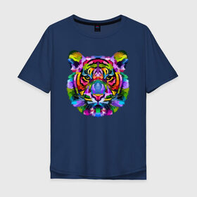 Мужская футболка хлопок Oversize с принтом Color tiger в Курске, 100% хлопок | свободный крой, круглый ворот, “спинка” длиннее передней части | color | ears | eyes | muzzle | neon | tiger | vanguard | view | авангард | взгляд | глаза | неон | тигр | уши | цвет