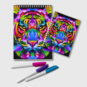 Блокнот с принтом Neon tiger в Курске, 100% бумага | 48 листов, плотность листов — 60 г/м2, плотность картонной обложки — 250 г/м2. Листы скреплены удобной пружинной спиралью. Цвет линий — светло-серый
 | color | ears | eyes | muzzle | neon | tiger | vanguard | view | авангард | взгляд | глаза | неон | тигр | уши | цвет