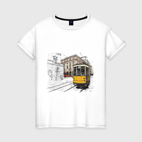 Женская футболка хлопок с принтом Белый и желтый поезд в Курске, 100% хлопок | прямой крой, круглый вырез горловины, длина до линии бедер, слегка спущенное плечо | белый и желтый поезд | город | дорога | трамвай | транспорт | улица
