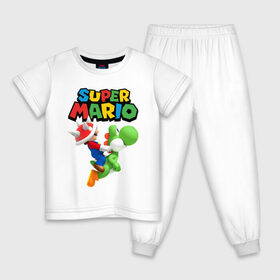 Детская пижама хлопок с принтом Super Mario в Курске, 100% хлопок |  брюки и футболка прямого кроя, без карманов, на брюках мягкая резинка на поясе и по низу штанин
 | Тематика изображения на принте: game | mario kart live home circuit | super mario | super mario 3d world | super mario 64 | super mario galaxy | super mario sunshine | гумба | игра super mario | игра марио | йоши | купалинги | лакиту | луиджи | марио | надпись | нинтендо | 