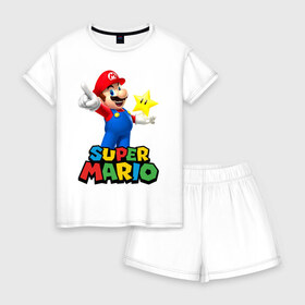 Женская пижама с шортиками хлопок с принтом Super Mario в Курске, 100% хлопок | футболка прямого кроя, шорты свободные с широкой мягкой резинкой | game | mario kart live home circuit | super mario | super mario 3d world | super mario 64 | super mario galaxy | super mario sunshine | гумба | игра super mario | игра марио | йоши | купалинги | лакиту | луиджи | марио | надпись | нинтендо | 