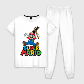 Женская пижама хлопок с принтом Super Mario в Курске, 100% хлопок | брюки и футболка прямого кроя, без карманов, на брюках мягкая резинка на поясе и по низу штанин | game | mario kart live home circuit | super mario | super mario 3d world | super mario 64 | super mario galaxy | super mario sunshine | гумба | игра super mario | игра марио | йоши | купалинги | лакиту | луиджи | марио | надпись | нинтендо | 