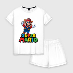 Женская пижама с шортиками хлопок с принтом Super Mario в Курске, 100% хлопок | футболка прямого кроя, шорты свободные с широкой мягкой резинкой | game | mario kart live home circuit | super mario | super mario 3d world | super mario 64 | super mario galaxy | super mario sunshine | гумба | игра super mario | игра марио | йоши | купалинги | лакиту | луиджи | марио | надпись | нинтендо | 