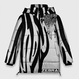 Женская зимняя куртка 3D с принтом Zebra в Курске, верх — 100% полиэстер; подкладка — 100% полиэстер; утеплитель — 100% полиэстер | длина ниже бедра, силуэт Оверсайз. Есть воротник-стойка, отстегивающийся капюшон и ветрозащитная планка. 

Боковые карманы с листочкой на кнопках и внутренний карман на молнии | Тематика изображения на принте: животное | зебра | полосы | черный | штрихкод