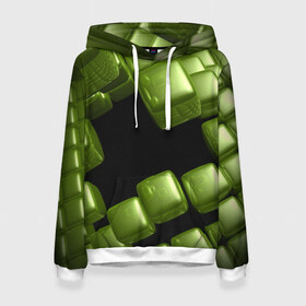 Женская толстовка 3D с принтом зеленый куб в Курске, 100% полиэстер  | двухслойный капюшон со шнурком для регулировки, мягкие манжеты на рукавах и по низу толстовки, спереди карман-кенгуру с мягким внутренним слоем. | 3d | абстракция | зеленый | илюзия | квадрат | куб