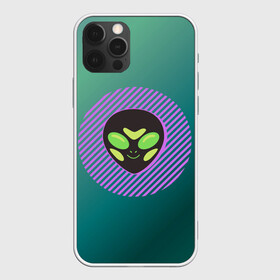 Чехол для iPhone 12 Pro с принтом Инопланетяша на зеленом фоне в Курске, силикон | область печати: задняя сторона чехла, без боковых панелей | градиент | зеленый | инопланетянин | круг | лицо | наука | нло | подарок | полоски | пришелец | улыбка | фантастика | фиолетовый