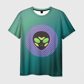 Мужская футболка 3D с принтом Инопланетяша на зеленом фоне в Курске, 100% полиэфир | прямой крой, круглый вырез горловины, длина до линии бедер | Тематика изображения на принте: градиент | зеленый | инопланетянин | круг | лицо | наука | нло | подарок | полоски | пришелец | улыбка | фантастика | фиолетовый