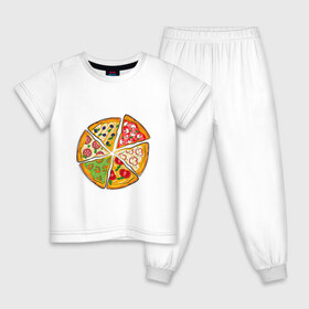 Детская пижама хлопок с принтом Пицца ассорти в Курске, 100% хлопок |  брюки и футболка прямого кроя, без карманов, на брюках мягкая резинка на поясе и по низу штанин
 | Тематика изображения на принте: грибы | колбаса | креветки | кусочки пиццы | оливки | пицца | пиццерия | помидоры