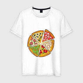 Мужская футболка хлопок с принтом Пицца ассорти в Курске, 100% хлопок | прямой крой, круглый вырез горловины, длина до линии бедер, слегка спущенное плечо. | грибы | колбаса | креветки | кусочки пиццы | оливки | пицца | пиццерия | помидоры