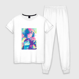 Женская пижама хлопок с принтом NEON ART 11-21-12 в Курске, 100% хлопок | брюки и футболка прямого кроя, без карманов, на брюках мягкая резинка на поясе и по низу штанин | art | neon aesthetic | neon art | vaporwave art | цифровые файлы