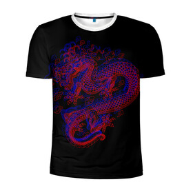 Мужская футболка 3D спортивная с принтом 3д Дракон в Курске, 100% полиэстер с улучшенными характеристиками | приталенный силуэт, круглая горловина, широкие плечи, сужается к линии бедра | 3д эффект | китайский дракон | красный | миф | оптическая иллюзия | синий