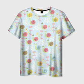 Мужская футболка 3D с принтом Улитки в Курске, 100% полиэфир | прямой крой, круглый вырез горловины, длина до линии бедер | арт | рисунок | синий | улитка | улитки | цветная улитка | цветные улитки | цветок | цветы