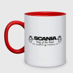 Кружка двухцветная с принтом Scania - King of the Road в Курске, керамика | объем — 330 мл, диаметр — 80 мм. Цветная ручка и кайма сверху, в некоторых цветах — вся внутренняя часть | king of road | king of the road | saab | saab logo | scania | scania king | scania logo | грузовик | дальнобойщик | сааб | сканиа | скания | скания значок | скания лого | скания логотип | скания символ | шофер