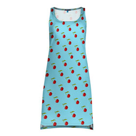 Платье-майка 3D с принтом Узор с вишни на голубом фоне в Курске, 100% полиэстер | полуприлегающий силуэт, широкие бретели, круглый вырез горловины, удлиненный подол сзади. | вишенки | вишни | декор | лето | плоды | узор | фрукты | черешни | ягоды
