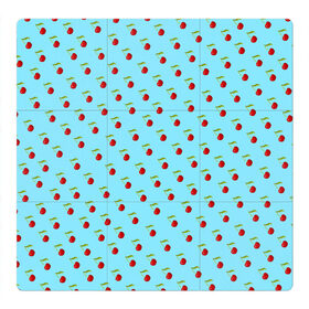 Магнитный плакат 3Х3 с принтом Узор с вишни на голубом фоне в Курске, Полимерный материал с магнитным слоем | 9 деталей размером 9*9 см | вишенки | вишни | декор | лето | плоды | узор | фрукты | черешни | ягоды