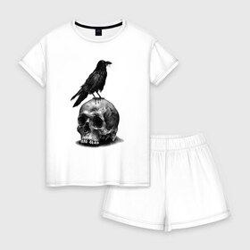 Женская пижама с шортиками хлопок с принтом Ворона в Курске, 100% хлопок | футболка прямого кроя, шорты свободные с широкой мягкой резинкой | арт | ворона | карандаш | птица | череп