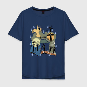 Мужская футболка хлопок Oversize с принтом Этнический стиль в Курске, 100% хлопок | свободный крой, круглый ворот, “спинка” длиннее передней части | Тематика изображения на принте: белый | ворон | золотой | иероглифы | индейцы | луна | люди | охота | ритуал | синий | солнце | этника