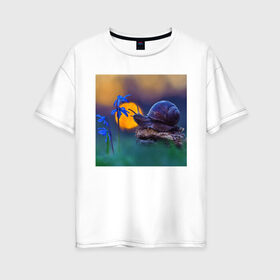 Женская футболка хлопок Oversize с принтом Улитка в Курске, 100% хлопок | свободный крой, круглый ворот, спущенный рукав, длина до линии бедер
 | flowers | nature | природа | улиточка | цветочки