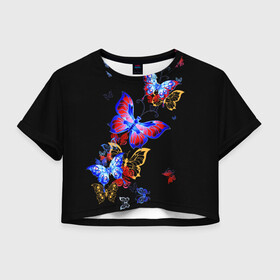 Женская футболка Crop-top 3D с принтом Поцелуй бабочек в Курске, 100% полиэстер | круглая горловина, длина футболки до линии талии, рукава с отворотами | angel | butterfly | fairy | neon | night | wings | ангел | бабочка | бабочки | девушке | животные | красочные | крылья | летающие | магия | махаон | мотыльки | насекомые | неоновые | ночные | ночь | подарок | природа