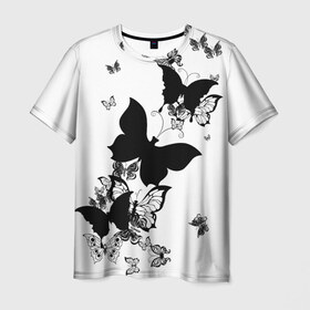Мужская футболка 3D с принтом Черные бабочки на белом в Курске, 100% полиэфир | прямой крой, круглый вырез горловины, длина до линии бедер | Тематика изображения на принте: angel | black and white | butterfly | fairy | fashion girl | wings | ангел | бабочка | девушке | животные | крылья | летающие | магия | махаон | мотылек | мотыльки | насекомые | нежные | подарок | природа | сказочные | татуировки