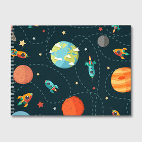 Альбом для рисования с принтом Космический перелёт в Курске, 100% бумага
 | матовая бумага, плотность 200 мг. | Тематика изображения на принте: арт | звезда | звёзды | земля | космос | марс | перелёт | планета | планеты | полёт | ракета | ракеты | рисунок | сатурн | юпитер