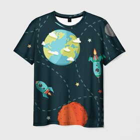 Мужская футболка 3D с принтом Космический перелёт в Курске, 100% полиэфир | прямой крой, круглый вырез горловины, длина до линии бедер | арт | звезда | звёзды | земля | космос | марс | перелёт | планета | планеты | полёт | ракета | ракеты | рисунок | сатурн | юпитер