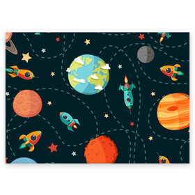 Поздравительная открытка с принтом Космический перелёт в Курске, 100% бумага | плотность бумаги 280 г/м2, матовая, на обратной стороне линовка и место для марки
 | арт | звезда | звёзды | земля | космос | марс | перелёт | планета | планеты | полёт | ракета | ракеты | рисунок | сатурн | юпитер