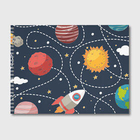 Альбом для рисования с принтом Космический перелёт в Курске, 100% бумага
 | матовая бумага, плотность 200 мг. | Тематика изображения на принте: арт | звезда | звёзды | земля | космос | марс | перелёт | планета | планеты | полёт | ракета | ракеты | рисунок | сатурн | солнце | юпитер