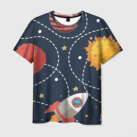 Мужская футболка 3D с принтом Космический перелёт в Курске, 100% полиэфир | прямой крой, круглый вырез горловины, длина до линии бедер | Тематика изображения на принте: арт | звезда | звёзды | земля | космос | марс | перелёт | планета | планеты | полёт | ракета | ракеты | рисунок | сатурн | солнце | юпитер