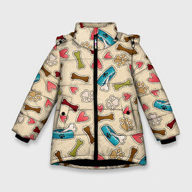 Зимняя куртка для девочек 3D с принтом Собачьи следы в Курске, ткань верха — 100% полиэстер; подклад — 100% полиэстер, утеплитель — 100% полиэстер. | длина ниже бедра, удлиненная спинка, воротник стойка и отстегивающийся капюшон. Есть боковые карманы с листочкой на кнопках, утяжки по низу изделия и внутренний карман на молнии. 

Предусмотрены светоотражающий принт на спинке, радужный светоотражающий элемент на пуллере молнии и на резинке для утяжки. | Тематика изображения на принте: арт | косточка | кость | лапки | отпечатки | рисунок | следы | собака | собачьи лапки