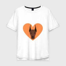 Мужская футболка хлопок Oversize с принтом Сердечный Доберман в Курске, 100% хлопок | свободный крой, круглый ворот, “спинка” длиннее передней части | доберман | животное | клыки | коричневый | красный | лапы | любовь | оранжевый | пес | питомец | подарок | сердце | собака | улыбка | шерсть | щенок