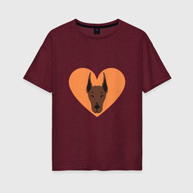 Женская футболка хлопок Oversize с принтом Сердечный Доберман в Курске, 100% хлопок | свободный крой, круглый ворот, спущенный рукав, длина до линии бедер
 | доберман | животное | клыки | коричневый | красный | лапы | любовь | оранжевый | пес | питомец | подарок | сердце | собака | улыбка | шерсть | щенок