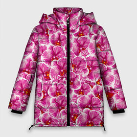 Женская зимняя куртка 3D с принтом Розовые орхидеи в Курске, верх — 100% полиэстер; подкладка — 100% полиэстер; утеплитель — 100% полиэстер | длина ниже бедра, силуэт Оверсайз. Есть воротник-стойка, отстегивающийся капюшон и ветрозащитная планка. 

Боковые карманы с листочкой на кнопках и внутренний карман на молнии | Тематика изображения на принте: fashion flowers | pink | tropical | азия | бабочки | бразилия | букет | бутоны | джунгли | лепестки | лето | любимая | марта | нежные | орхидея | подарок | природа | растения | тропики | тропические | узор | цветение