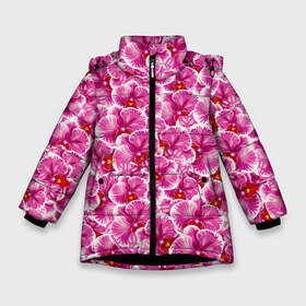 Зимняя куртка для девочек 3D с принтом Розовые орхидеи в Курске, ткань верха — 100% полиэстер; подклад — 100% полиэстер, утеплитель — 100% полиэстер. | длина ниже бедра, удлиненная спинка, воротник стойка и отстегивающийся капюшон. Есть боковые карманы с листочкой на кнопках, утяжки по низу изделия и внутренний карман на молнии. 

Предусмотрены светоотражающий принт на спинке, радужный светоотражающий элемент на пуллере молнии и на резинке для утяжки. | Тематика изображения на принте: fashion flowers | pink | tropical | азия | бабочки | бразилия | букет | бутоны | джунгли | лепестки | лето | любимая | марта | нежные | орхидея | подарок | природа | растения | тропики | тропические | узор | цветение