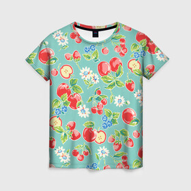 Женская футболка 3D с принтом Яркое лето в Курске, 100% полиэфир ( синтетическое хлопкоподобное полотно) | прямой крой, круглый вырез горловины, длина до линии бедер | арт | бирюзовый | зелёный | клубника | рисунок | ромашка | ромашки | цвета | цветы | черника | яблоки | яблоко