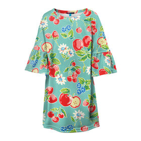 Детское платье 3D с принтом Яркое лето в Курске, 100% полиэстер | прямой силуэт, чуть расширенный к низу. Круглая горловина, на рукавах — воланы | арт | бирюзовый | зелёный | клубника | рисунок | ромашка | ромашки | цвета | цветы | черника | яблоки | яблоко