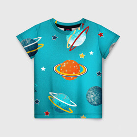 Детская футболка 3D с принтом Необычные планеты в Курске, 100% гипоаллергенный полиэфир | прямой крой, круглый вырез горловины, длина до линии бедер, чуть спущенное плечо, ткань немного тянется | Тематика изображения на принте: арт | бирюзовый | венера | звезда | звёзды | земля | марс | планета | планеты | рисунок | рисунок карандашом | сатурн | синий