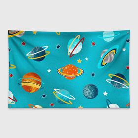 Флаг-баннер с принтом Необычные планеты в Курске, 100% полиэстер | размер 67 х 109 см, плотность ткани — 95 г/м2; по краям флага есть четыре люверса для крепления | арт | бирюзовый | венера | звезда | звёзды | земля | марс | планета | планеты | рисунок | рисунок карандашом | сатурн | синий