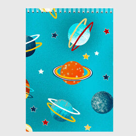 Скетчбук с принтом Необычные планеты в Курске, 100% бумага
 | 48 листов, плотность листов — 100 г/м2, плотность картонной обложки — 250 г/м2. Листы скреплены сверху удобной пружинной спиралью | арт | бирюзовый | венера | звезда | звёзды | земля | марс | планета | планеты | рисунок | рисунок карандашом | сатурн | синий