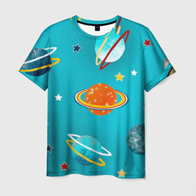 Мужская футболка 3D с принтом Необычные планеты в Курске, 100% полиэфир | прямой крой, круглый вырез горловины, длина до линии бедер | арт | бирюзовый | венера | звезда | звёзды | земля | марс | планета | планеты | рисунок | рисунок карандашом | сатурн | синий