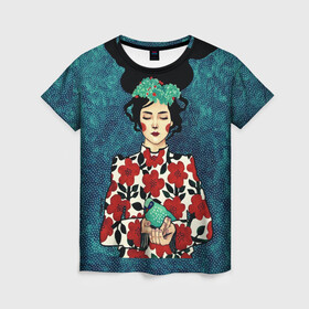 Женская футболка 3D с принтом Самоцветная девушка в Курске, 100% полиэфир ( синтетическое хлопкоподобное полотно) | прямой крой, круглый вырез горловины, длина до линии бедер | flowers | girl | венок | девушка | лилии | одуванчики | птичка | ромашки | синичка | узор | цветы