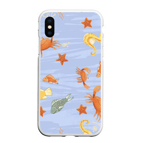 Чехол для iPhone XS Max матовый с принтом Морские обитатели в Курске, Силикон | Область печати: задняя сторона чехла, без боковых панелей | арт | жёлтый | звезда | звёзды | коралл | кораллы | краб | крабы | красный | медуза | медузы | море | морская звезда | морские звёзды | морские коньки | морской конёк | песок | рисунок | рыба | рыбы