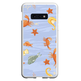 Чехол для Samsung S10E с принтом Морские обитатели в Курске, Силикон | Область печати: задняя сторона чехла, без боковых панелей | арт | жёлтый | звезда | звёзды | коралл | кораллы | краб | крабы | красный | медуза | медузы | море | морская звезда | морские звёзды | морские коньки | морской конёк | песок | рисунок | рыба | рыбы