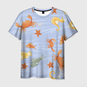 Мужская футболка 3D с принтом Морские обитатели в Курске, 100% полиэфир | прямой крой, круглый вырез горловины, длина до линии бедер | арт | жёлтый | звезда | звёзды | коралл | кораллы | краб | крабы | красный | медуза | медузы | море | морская звезда | морские звёзды | морские коньки | морской конёк | песок | рисунок | рыба | рыбы